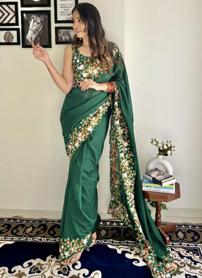 Vichitra Silk Green Traditional Wear Sequins Work Saree